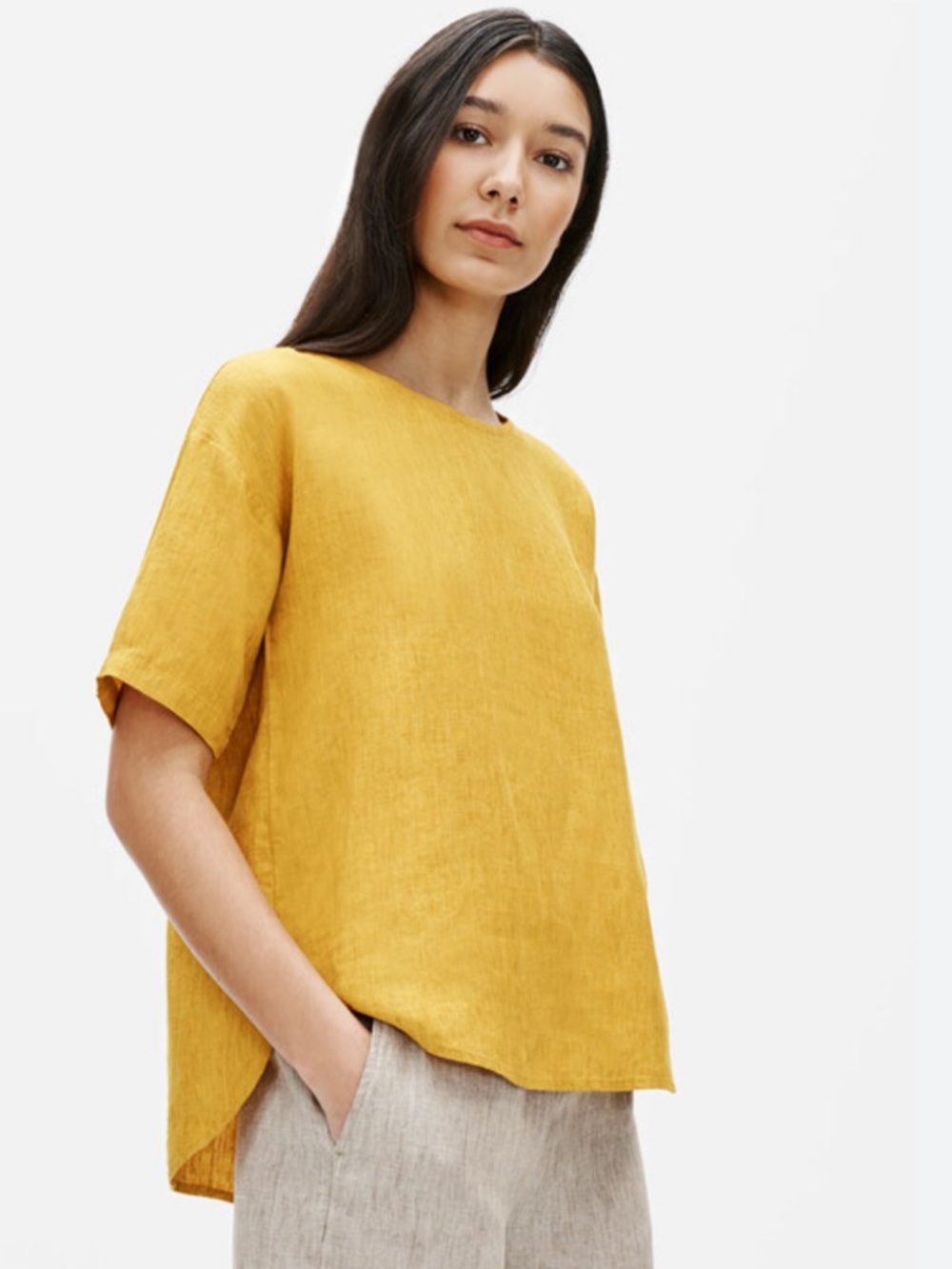 Eileen Fisher Organic Linen Delave Box Top Yellow L Relaxed